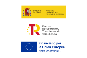 Loghi istituzionali spagnoli ed europei: Governo di Spagna - Ministero dei Trasporti e Mobilità Sostenibile, Piano di Recupero Trasformazione e Resilienza, e Finanziato dalla Unione Europea NextGenerationEU.