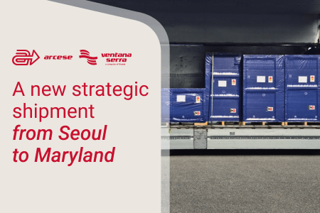 Grafica di annuncio per una nuova spedizione strategica di Arcese e Ventana Serra da Seoul a Maryland