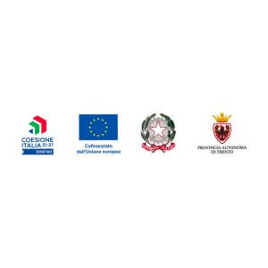 Loghi istituzionali: Coesione Italia 21-27 Trentino, Cofinanziato dall'Unione Europea (bandiera UE), Repubblica Italiana, e Provincia Autonoma di Trento.