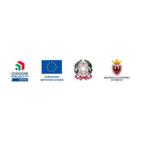 Loghi istituzionali: Coesione Italia 21-27 Trentino, Cofinanziato dall'Unione Europea (bandiera UE), Repubblica Italiana, e Provincia Autonoma di Trento. 
